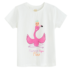 White T-shirt with flamingo print