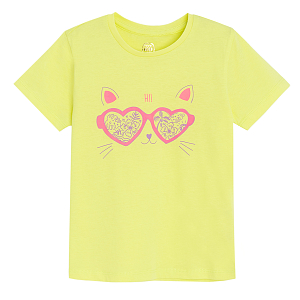Lime T-shirt with kitten with glasses print