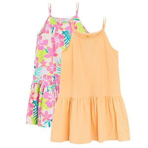 Floral and light orange sleeveless dress- 2 pack