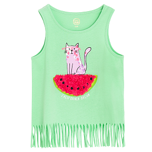 Turquoise sleeveless T-shirt with watermelon and cat print and fringes