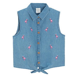 Denim sleeveless shirt with flaming print and knot