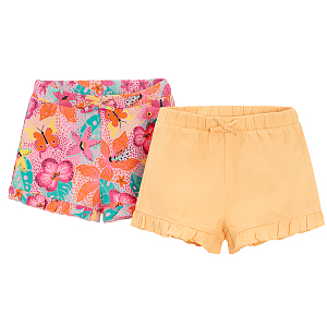 Orange and pink flowers and butterflies print shorts with ruffles- 2 pack