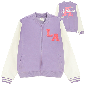 Purple sweatshirt with white sleeves and buttons