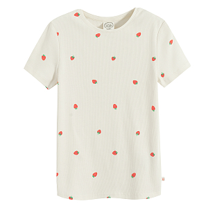 Ecru short sleeve T-shirt with strawberries print