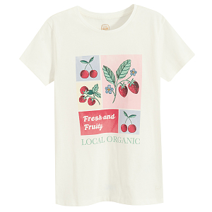 Μπλούζα κοντομάνικη λευκή με στάμπα φράουλες και κεράσια FRESH AND FRUITY LOCAL ORGANIC