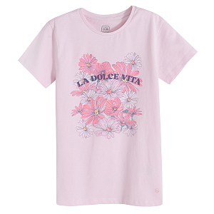Μπλούζα κοντομάνικη ροζ με στάμπα λουλούδια LA DOLCE VITA