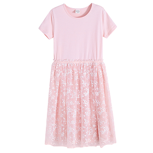 Light pink short sleeve party dress with small flowers tulle skirt