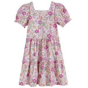 Pink floral short sleeve dress, wide skirt