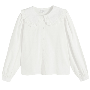 White long sleeve button down shirt with round collar