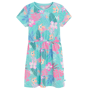 Turquoise short sleeve dress with leaves print