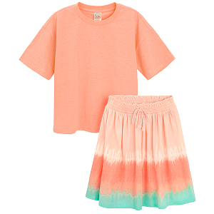 Peach T-shirt and tie dye skirt- 2 pieces