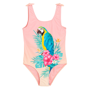 Pink swimsuit with parrot print