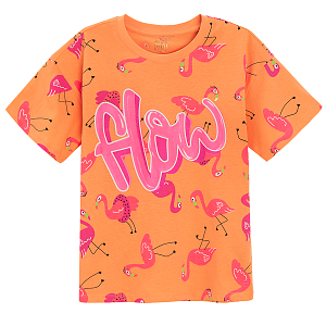 Orange T-shirt with flamingos print