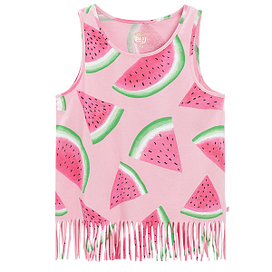 Pink sleeveless T-shirt with watermelon print and fringes
