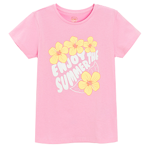 Dark pink T-shirt with Enjoy the summer and flowers  print