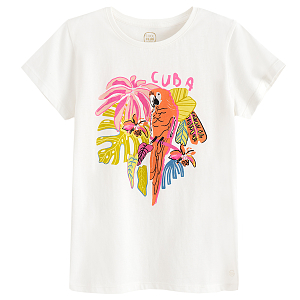 White T-shirt with parrot on branch print