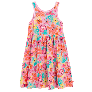 Pink sleeveless dress with flowers and butterflies print
