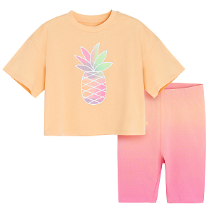 Orange T-shirt with pineapple print and short leggings - 2 pieces