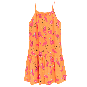 Orange sleeveless dress with flamingos print