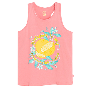Pink sleeveless T-shirt with lemons and Welcome to my Sunshine State of Mind print