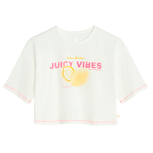 Μπλούζα λευκή κοντομάνικη crop top με στάμπα Juicy Vibes