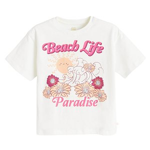 Μπλούζα κοντομάνικη εκρού με στάμπα BEACH LIFE PARADISE