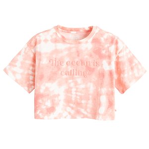 Μπλούζα κοντομάνικη crop ροζ με εφέ tie dye
