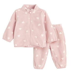 Σετ φόρμα 2 τμχ. ζακέτα fleece με φερμουάρ ροζ και παντελόνι φόρμα ροζ με στάμπα καρδούλες