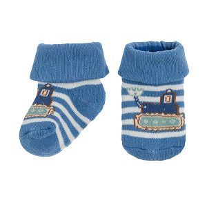 Κάλτσες γαλάζιες με ρίγες με στάμπα εκσκαφέας