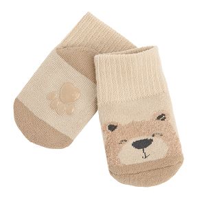 Κάλτσες μπεζ με στάμπα αρκουδάκι και αντιολισθητικά πατουσάκια
