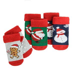 Grey, blue, green and red socks with festive print- 3 pack