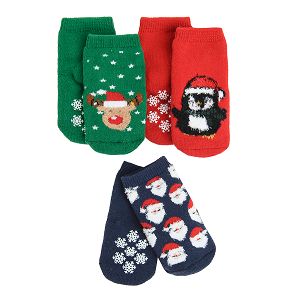 Blue, red, green socks with festive print- 3 pack
