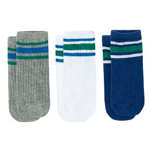 Blue, grey and white socks with stripes- 3 pack