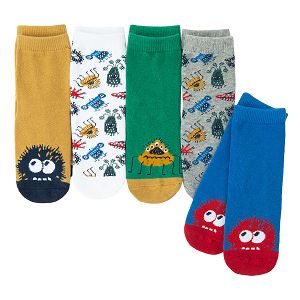 Κάλτσες 5 ζεύγη γκρι, πράσινη, λευκή, μπλε και κίτρινη με στάμπα τερατάκια