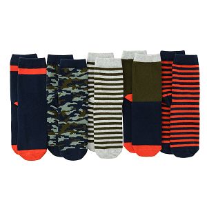 Blue, orange, grey stripes and patterns socks- 5 pack