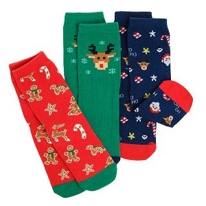 Blue, red, green socks with festive print- 3 pack