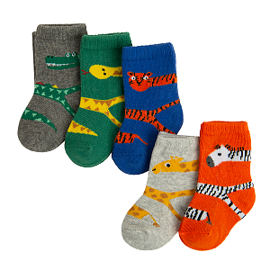 Orange, blue, green, grey and blue socks with animals print - 5 pack