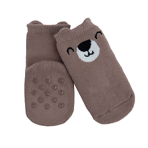 Κάλτσες καφέ με αντιολισθητική σόλα και στάμπα αρκουδάκι