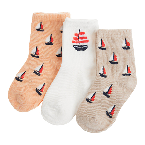 Beige, white, peach socks with sailing boats print- 3 pack