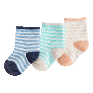 Blue, green, beige striped socks- 3 pack