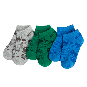 Blue, green and grey ankle socks with trucks print - 3 pack