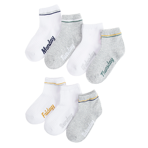 White and grey sports socks with days of the week printed- 7 pack
