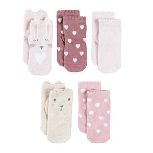 Pink cream with embroidered animals socks 5 pack