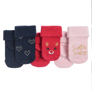 Κάλτσες 3 ζεύγη χριστουγεννιάτικες μπλε, κόκκινες και ροζ
