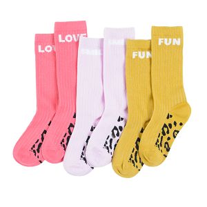 Κάλτσες 3 ζεύγη ροζ μωβ κίτρινο με στάμπα love smile fun