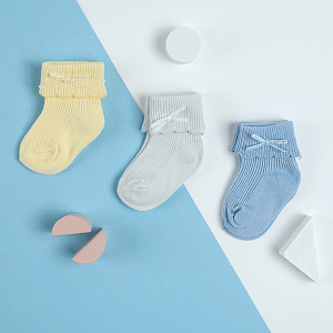 White yellow light blue ankle socks with rever and bow- 3 pack