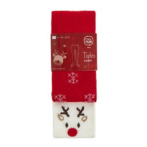 Red and white tights with raindeer and snowflakes print