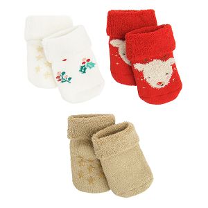 White, gold, red socks with festive print- 3 socks