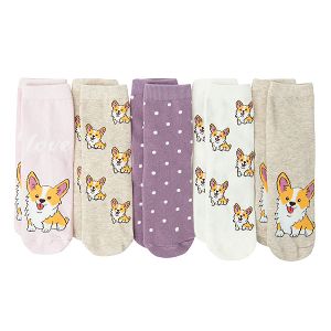 Κάλτσες 5 ζεύγη εκρού, λευκές, μπεζ, ροζ και μωβ με στάμπα σκυλάκια