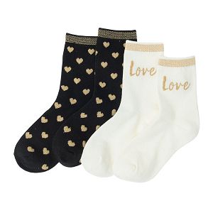 Κάλτσες 2 ζεύγη μαύρες και λευκές με χρυσά σχέδια καρδούλες